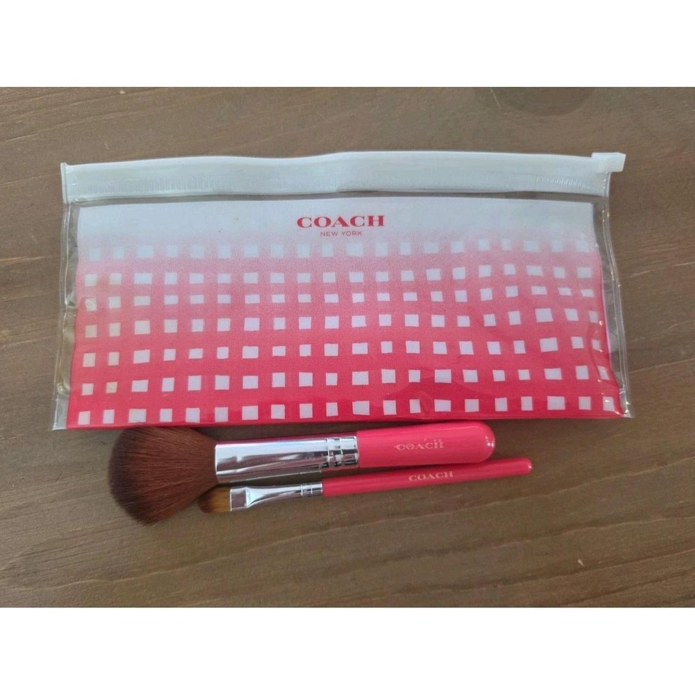 Rare Coach New York Travel Makeup Brush Set with Pink Plastic Gingham Zip Pouch